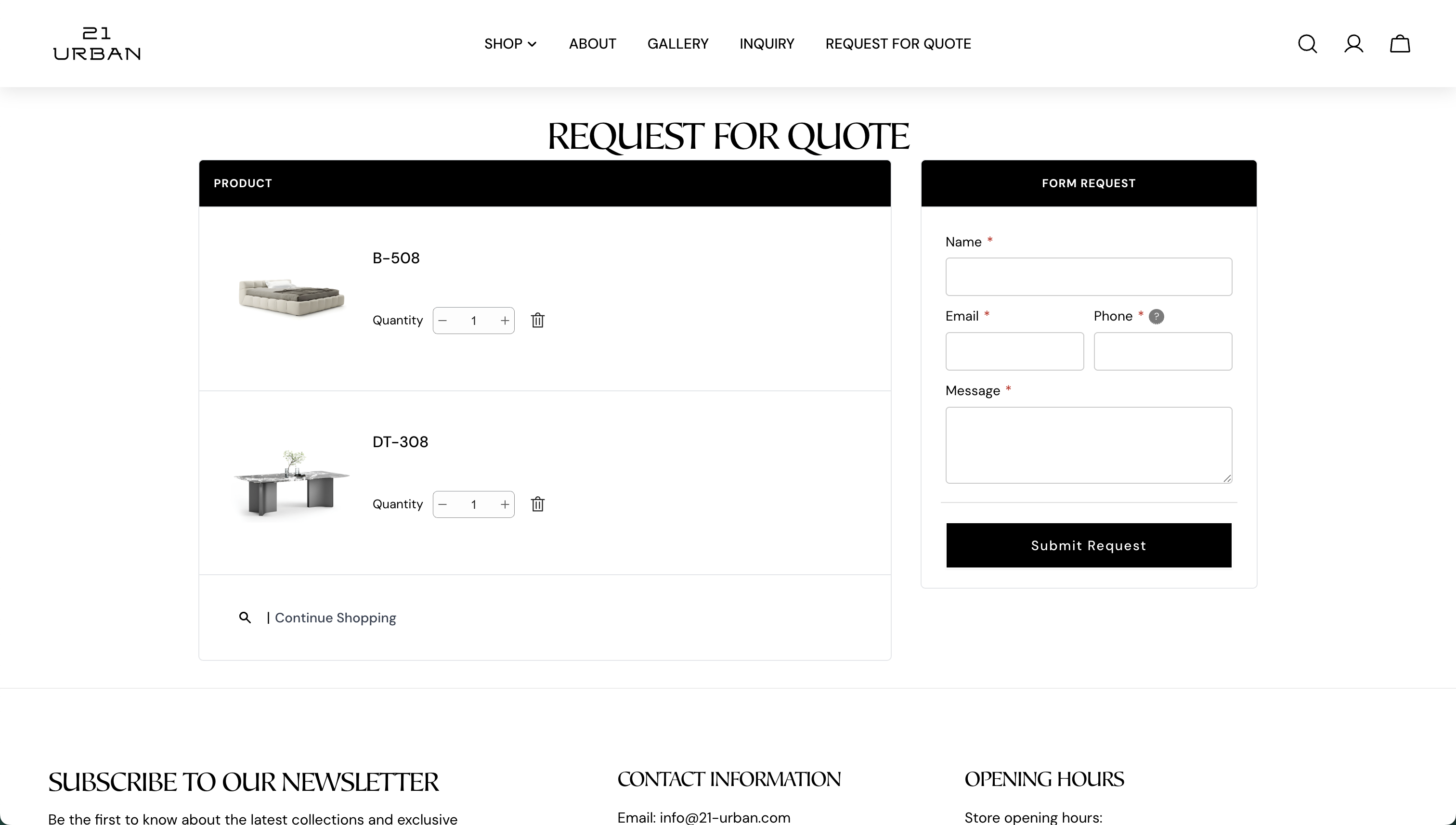 Request for Quote page: B-508 and DT-308 with quantity steppers on the left, one customer-information form with Submit Request on the right